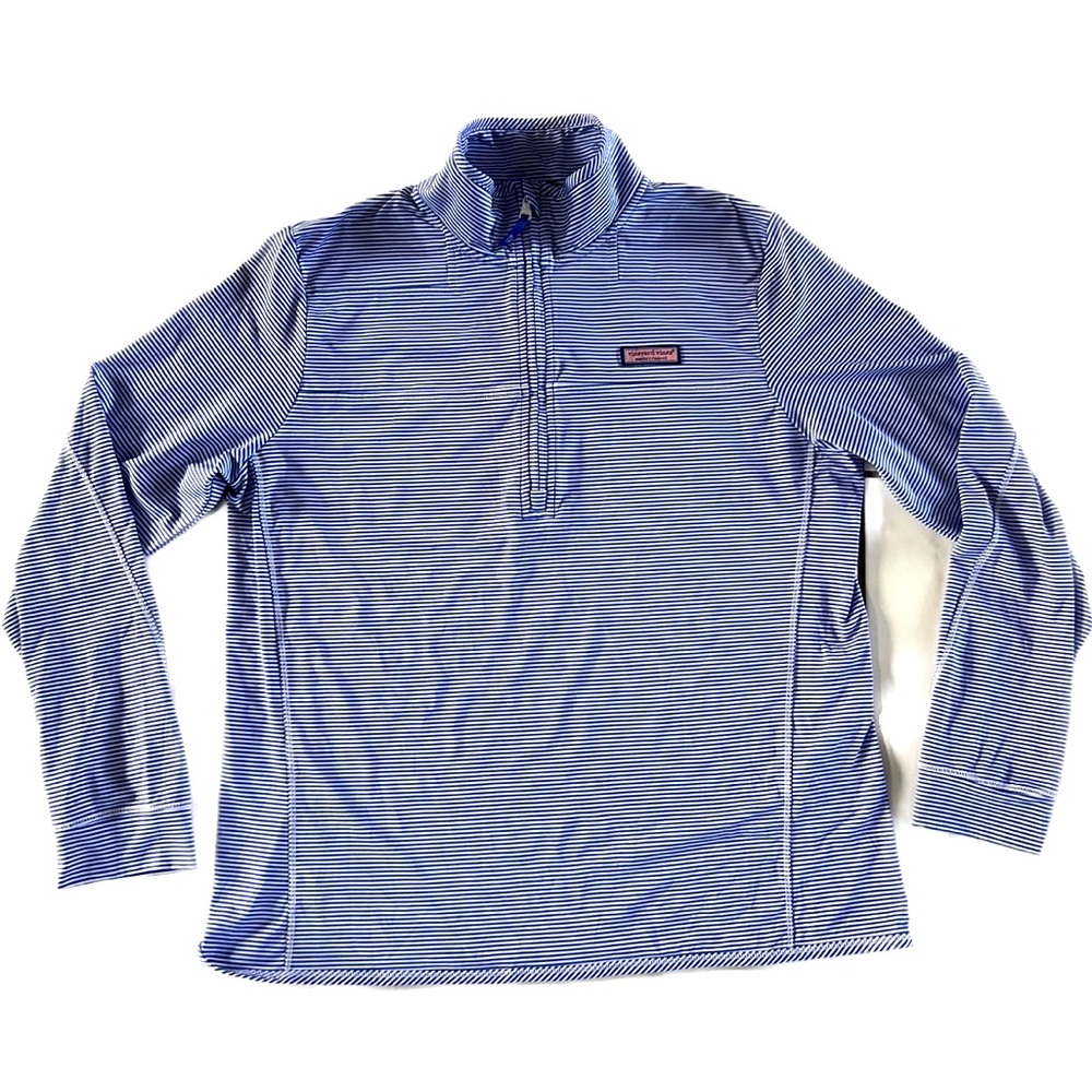 Vineyard Vines Sankaty zipper polo long sleeves in blue/white stripe sz L